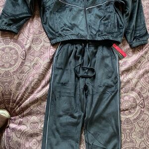Black Velour Two-Piece Tracksuit with White Piping